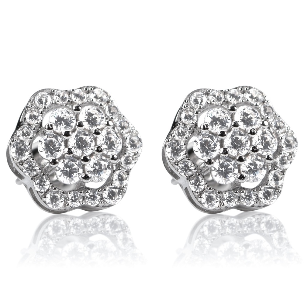 Pretty White Gold Sterling Silver Rave Flower Cluster HipHop ScrewBack Earrings